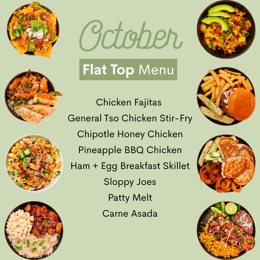 A flat top menu graphic for October featuring a list of food items on a light sage green background, surrounded by circular photos of prepared flat meals and burgers.