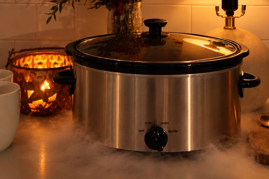 A Crockpot surrounded by Halloween decor and dry ice fog. 