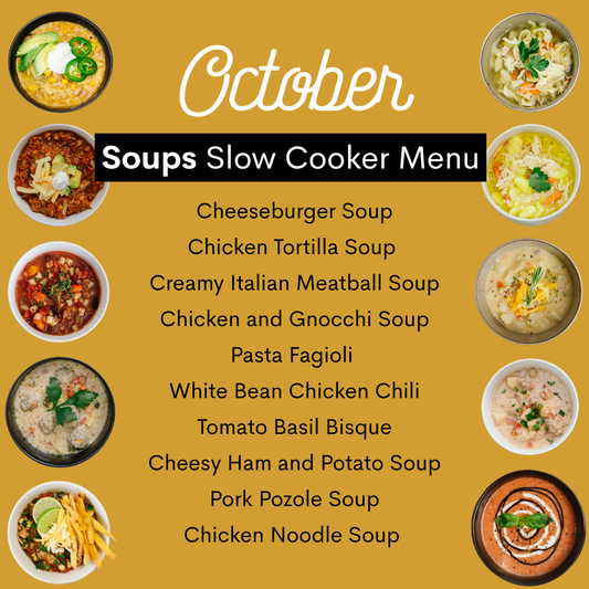 A digital menu cover for a 'October Soups Slow Cooker Menu' for the month of October, featuring a list of ten soup recipes in the center, surrounded by ten small photos of different soups on a light pink background.