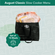 A black insulated cooler bag filled with packaged food items, shown on a pale green patterned background with a teal banner reading 'August Classic Slow Cooker Menu' and a green badge that says 'Set of 10 Meals'.