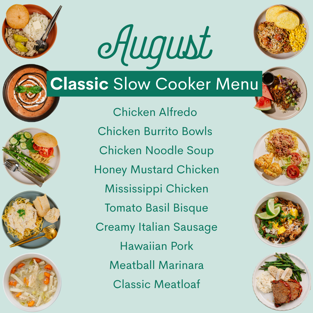 A recipe-style menu cover for an August slow cooker meal plan, with the title 'August Classic Slow Cooker Menu' in teal text on a pale aqua background and a list of meals centered. Food photos are shown around the edges and sides of the title.