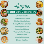 A recipe-style menu cover for an August slow cooker meal plan, with the title 'August Classic Slow Cooker Menu' in teal text on a pale aqua background and a list of meals centered. Food photos are shown around the edges and sides of the title.
