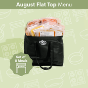 A black insulated tote bag filled with packaged meal kits, shown on a pale green background with cooking-themed line drawings and the text 'August Flat Top Menu' and 'Set of 8 Meals'.