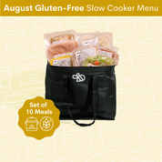 A black insulated cooler bag filled with packaged prepared meals, shown on a pale yellow background with a top banner reading 'August Gluten-Free Slow Cooker Menu' and a yellow badge that says 'Set of 10 Meals'.