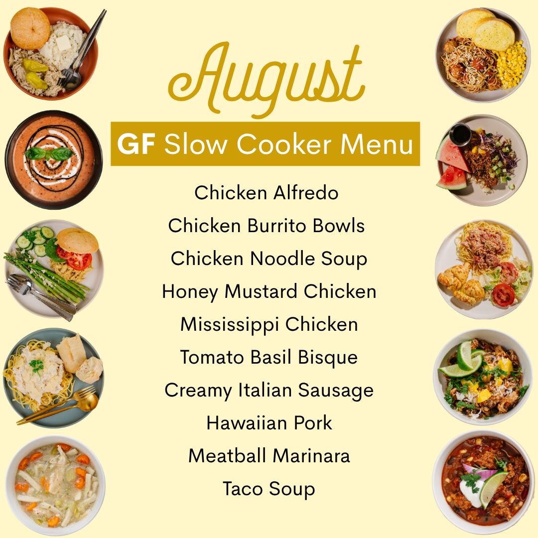 A digital menu cover for a 'GF Slow Cooker Menu' for the month of August, featuring a list of ten slow cooker meals on a pale yellow background, surrounded by photos of prepared meals.