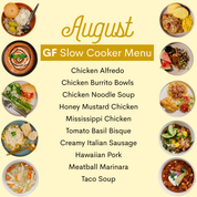 A digital menu cover for a 'GF Slow Cooker Menu' for the month of August, featuring a list of ten slow cooker meals on a pale yellow background, surrounded by photos of prepared meals.