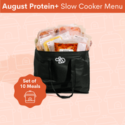 A black insulated cooler bag filled with packaged meals, shown on a pale pink background with an orange banner reading 'August Protein+ Slow Cooker Menu' and an orange badge that says 'Set of 10 Meals'.