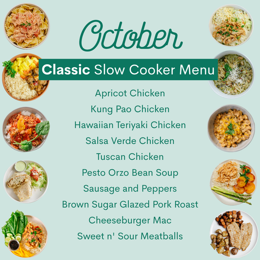 A recipe-style menu graphic for a October slow cooker meal plan on a pale aqua background. The title reads 'October Classic Slow Cooker Menu' with a list of recipes in the center, surrounded by circular food photos showing prepared dishes.