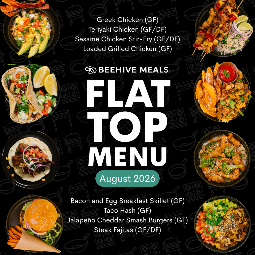 A promotional menu cover for Beehive Meals Flat Top Menu, August 2026, featuring a black background with white text and a border of food photos including tacos, burgers, grilled chicken, and salads.