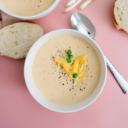  bowl of soup with cheese and green onions on a pink background