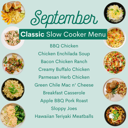 A recipe-style menu graphic for a September slow cooker meal plan on a pale aqua background. The title reads 'September Classic Slow Cooker Menu' with a list of recipes in the center, surrounded by circular food photos showing prepared dishes and rice bowls.