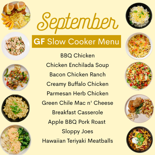A recipe menu poster for a GF Slow Cooker, featuring a list of ten recipes on a pale yellow background with photos of various prepared dishes arranged around the text.