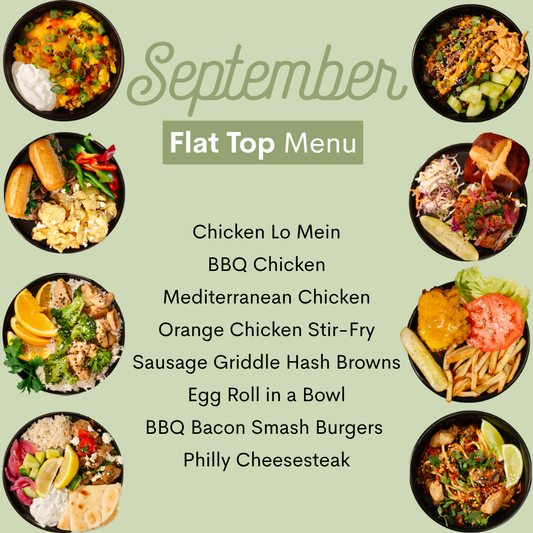 A flat top menu graphic for September featuring a list of food items on a light sage green background, surrounded by circular photos of prepared flat meals and burgers.