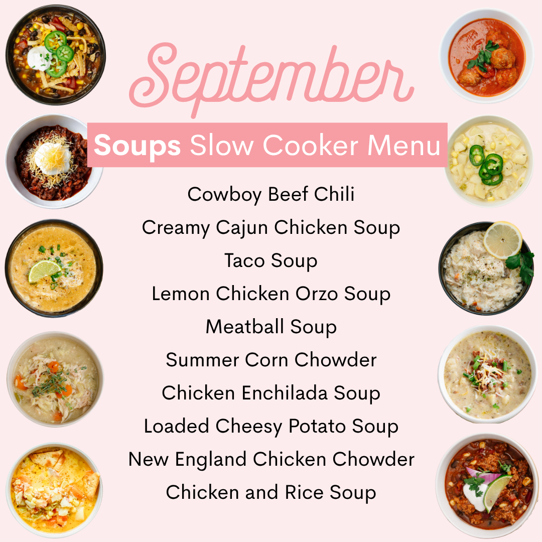 A digital menu cover for a 'Soups Slow Cooker Menu' for the month of September, featuring a list of ten soup recipes in the center, surrounded by ten small photos of different soups on a light pink background.