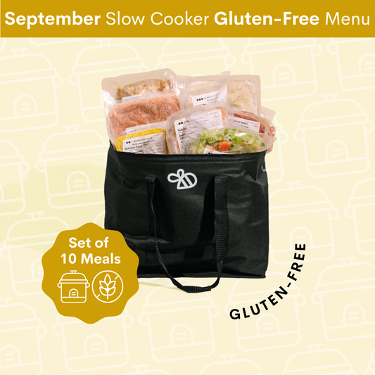 A black insulated slow cooker bag filled with packaged gluten-free meals, shown on a pale yellow patterned background with text reading 'September Slow Cooker Gluten-Free Menu' and 'Set of 10 Meals'.