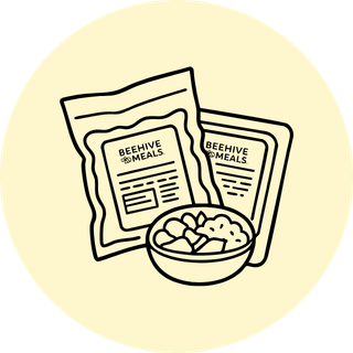 A simple line-art illustration of two 'BEEHIVE MEALS' pouches and a bowl of food on a pale yellow background.