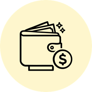 A minimalist line-art icon of a wallet with a money sign inside pale cream background.