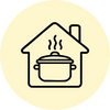 A simple black line icon of a house with a pot and steam, centered inside a pale yellow circular background.