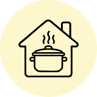 A simple black line icon of a house with a pot and steam, centered inside a pale yellow circular background.