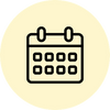 A minimalist black line icon of a calendar page centered on a pale cream circular background.
