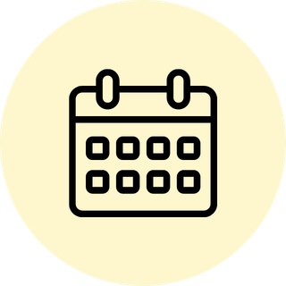 A minimalist black line icon of a calendar page centered on a pale cream circular background.