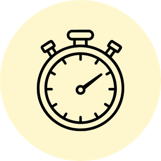 A simple black line icon of a stopwatch centered inside a pale yellow circular background.
