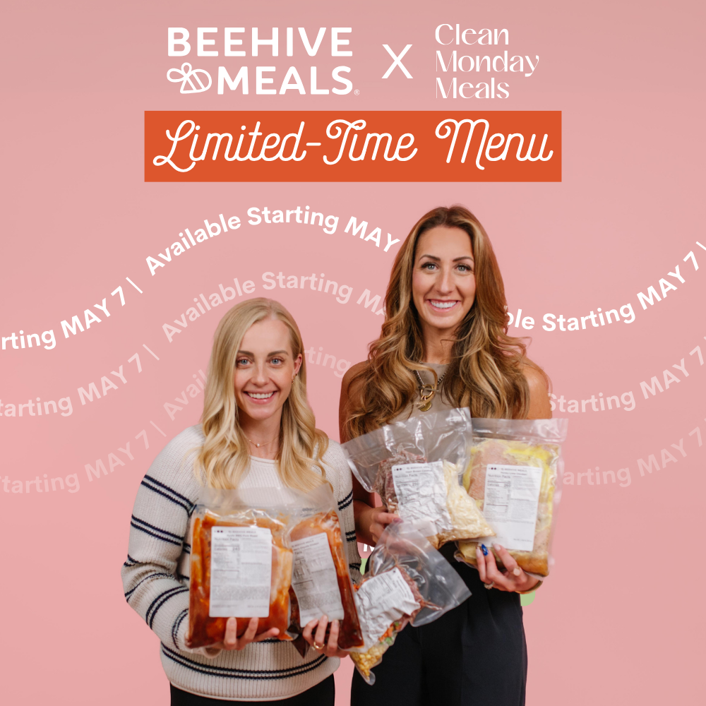 Text "Beehive Meals x Clean Monday Meals Limited-Time Menu" on a pink background with the owners of both companies holding frozen meals.