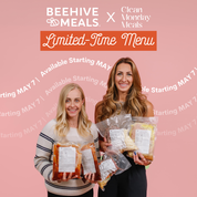 Text "Beehive Meals x Clean Monday Meals Limited-Time Menu" on a pink background with the owners of both companies holding frozen meals.