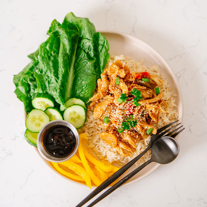 Plated dish with rice, chicken, vegetables, and a side of sauce on a white background